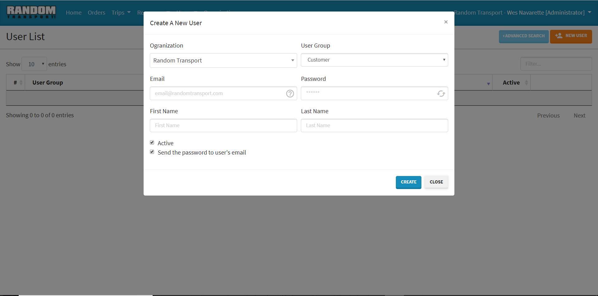 随机传输 - 创建新用户屏幕