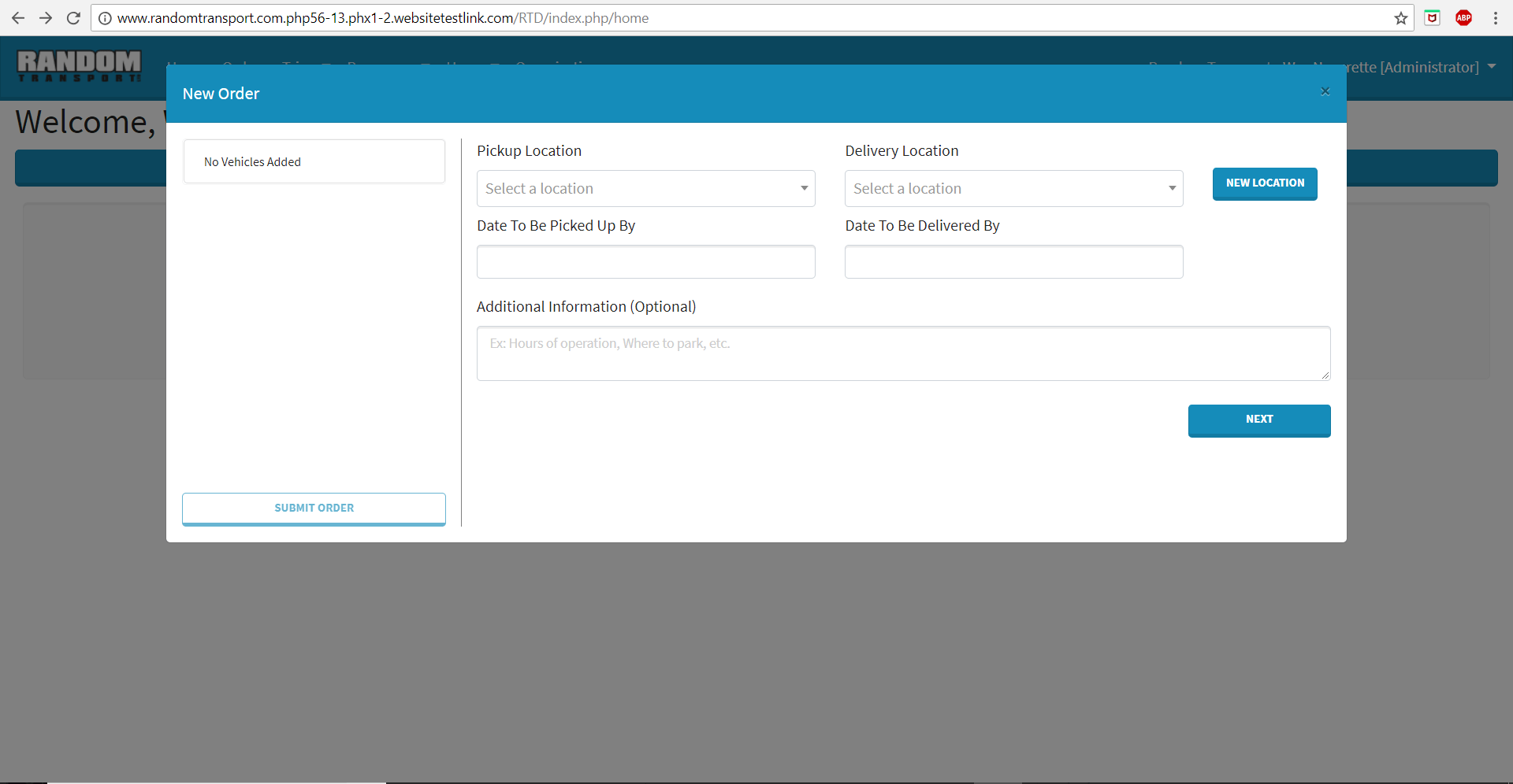 随机运输 - 创建新订单屏幕