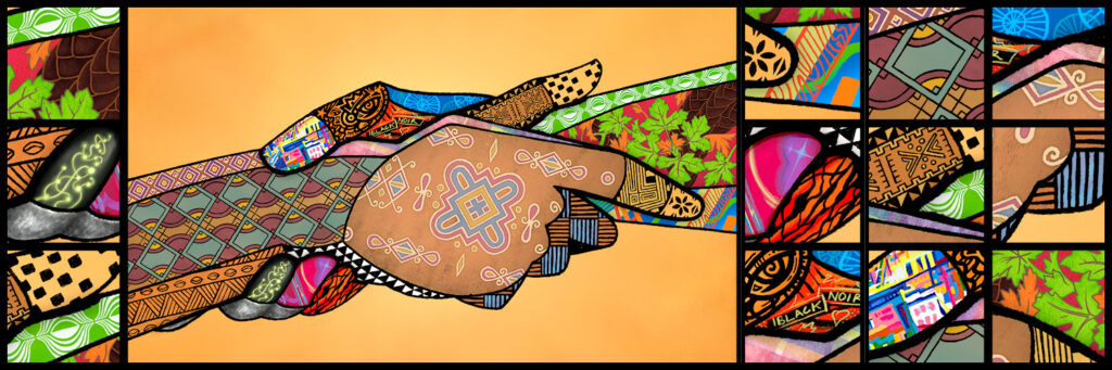 图像具有橙色背景和两只紧握在一起的手，上面装饰着丰富的彩色图案。手的两侧都有装满图案和颜色的盒子。