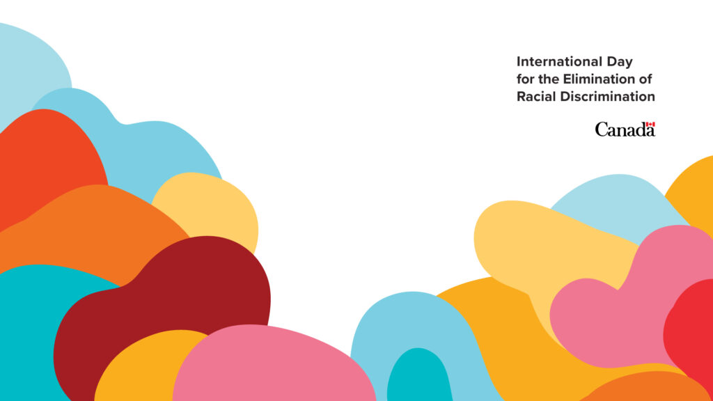 图形周围有白色空间，色彩缤纷的抽象形状，带有“消除种族歧视国际日”文字和加拿大政府徽标。
