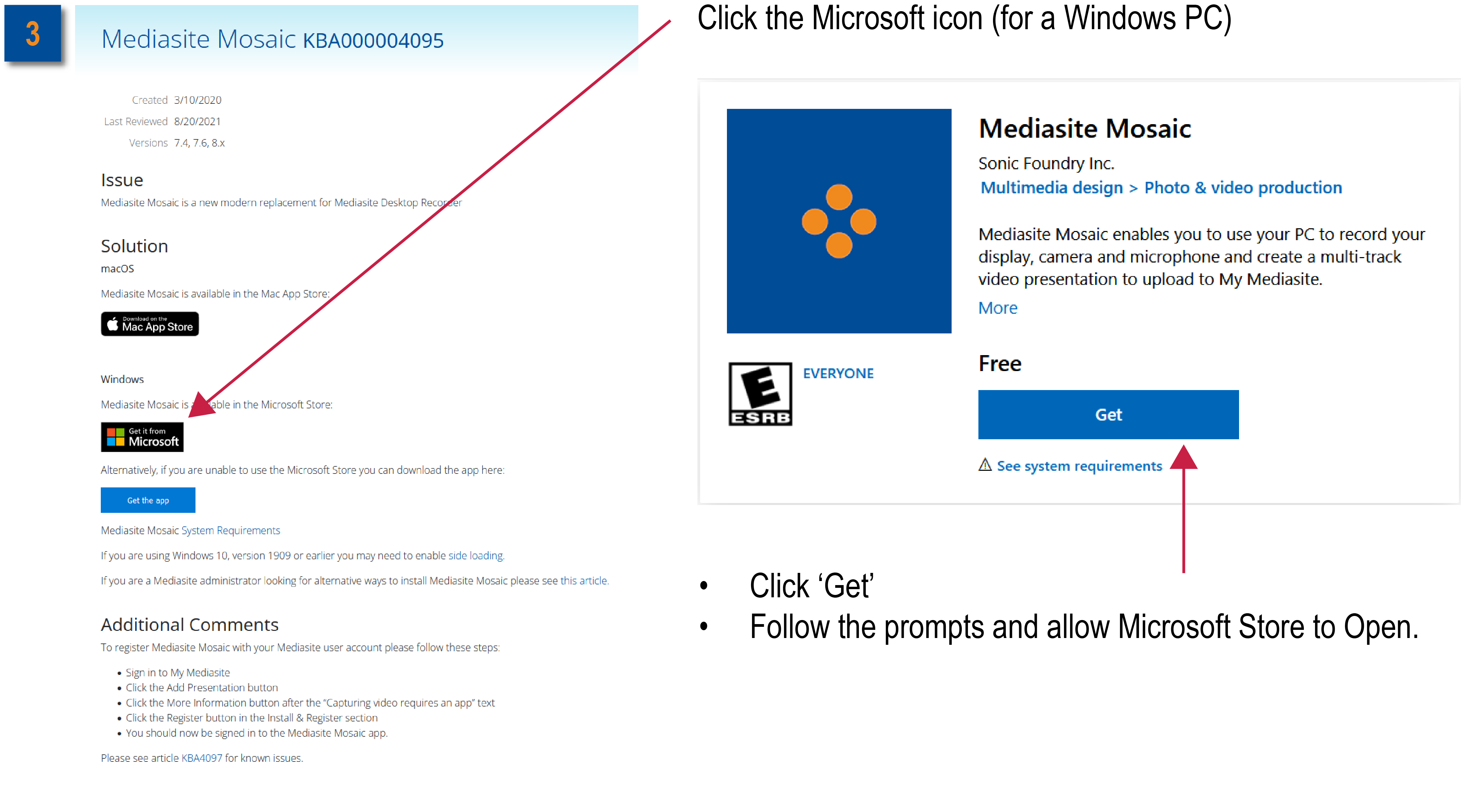 点击 Windows PC 的 Microsoft 图标。点击获取。按照提示操作并允许 Microsoft Store 打开。