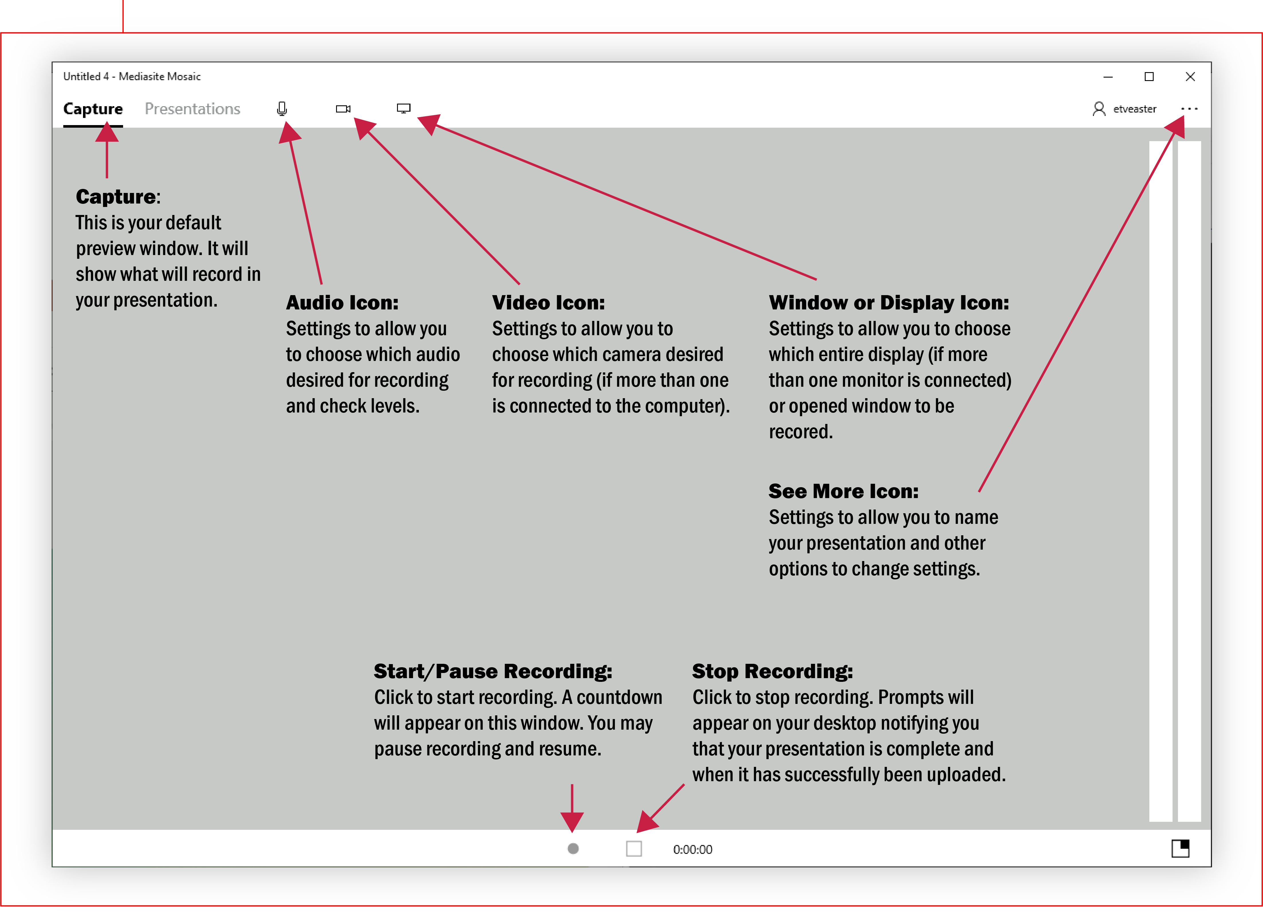 捕获：
这是您的默认预览窗口。它将显示您的演示文稿中将记录的内容。 

音频图标：允许您选择录制所需音频并检查级别的设置。

视频图标：允许您选择要录制的摄像机的设置（如果有多个摄像机连接到计算机）。

窗口或显示器图标：设置允许您选择要记录的整个显示器（如果连接了多个显示器）或打开的窗口。

开始/暂停录音：单击开始录音。该窗口上将出现倒计时。您可以暂停录音并继续。

查看更多图标：允许您命名演示文稿的设置以及用于更改设置的其他选项。

停止录音：单击可停止录音。您的桌面上将出现提示，通知您演示文稿已完成以及已成功上传。