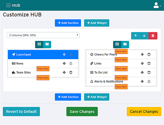 在自定义 HUB 页面上移动小部件选项