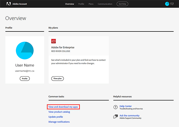 Adobe 概述页面以及查看和下载我的应用程序链接