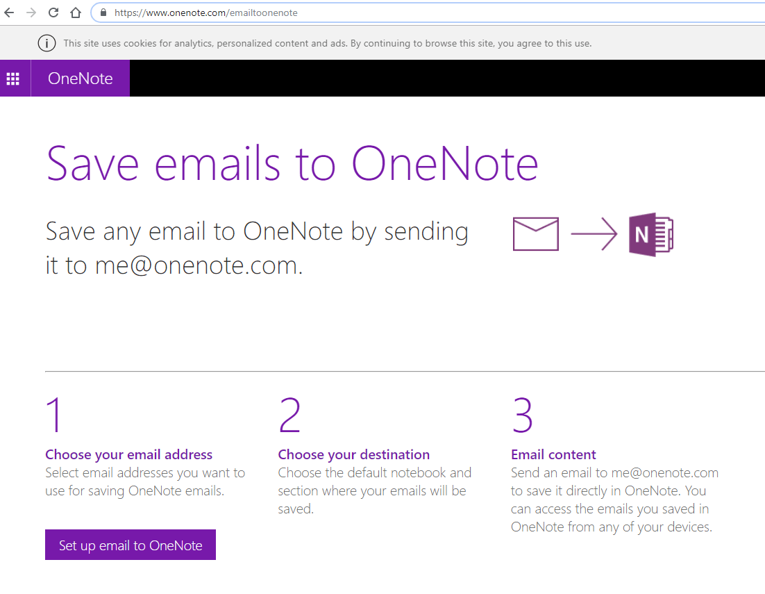 点击“设置电子邮件到 onenote”
