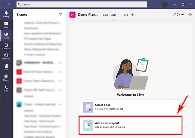 添加现有列表 - MS Teams 列表选项卡