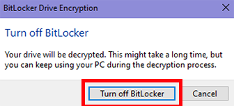 在 Bitlocker 驱动器加密窗口中点击“关闭 Bitlocker”