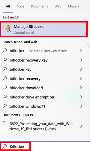 搜索 Bitlocker 并点击管理 Bitlocker