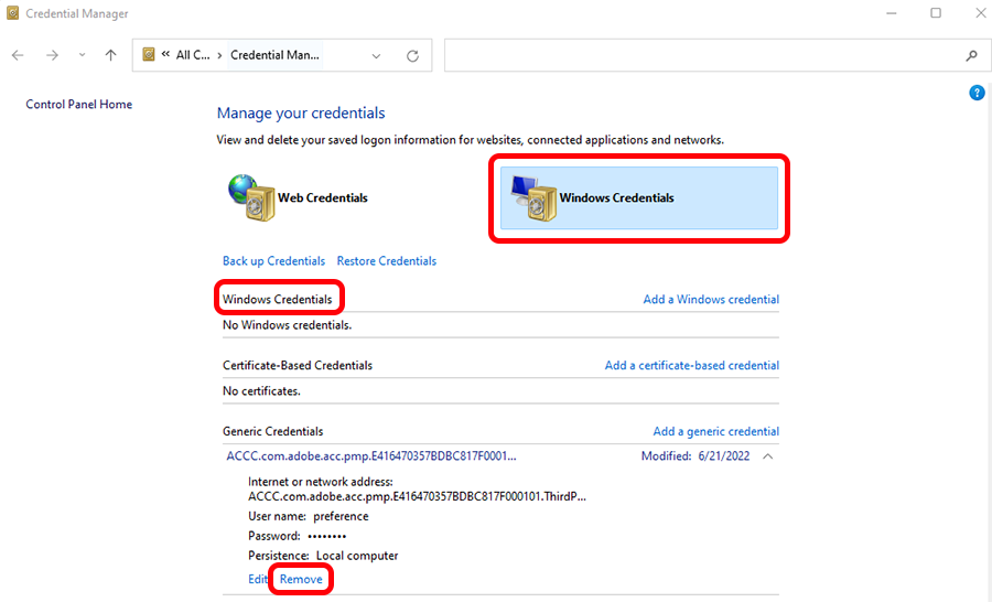 在 Windows 凭据下点击您想要删除的项目上的“删除”