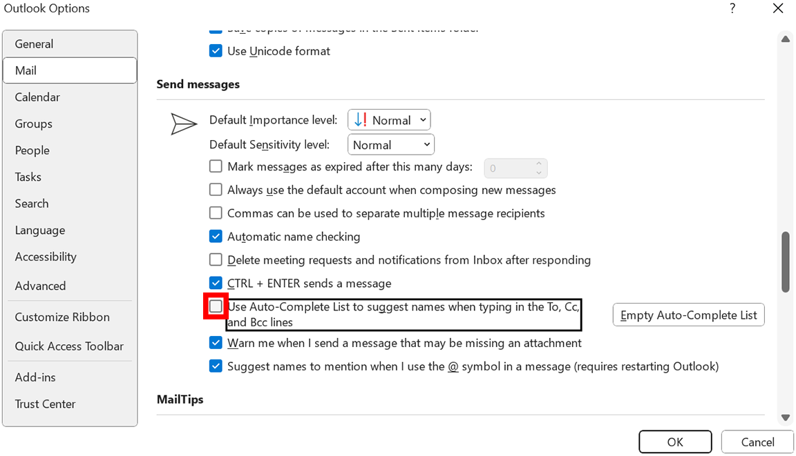 清除“使用自动完成列表来建议姓名”框，然后点击“确定”