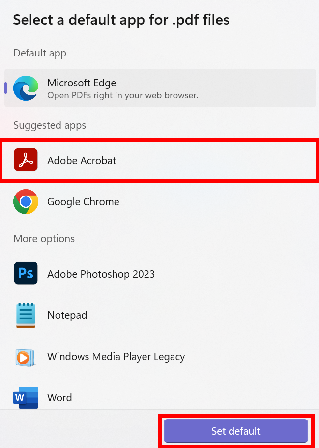 单击 adobe acrobat，然后单击“设置默认值”
