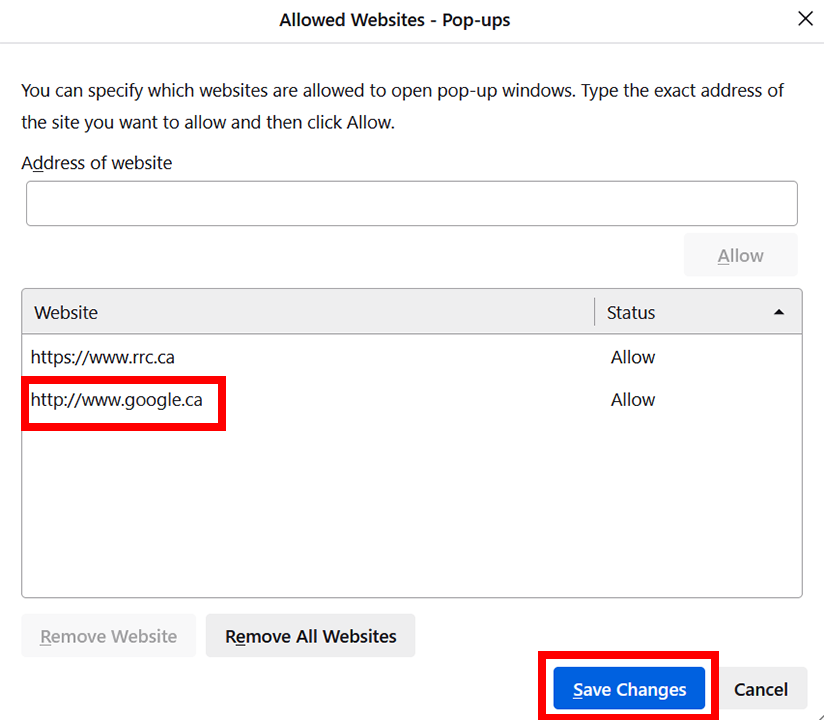 确保网站已添加，然后点击“保存更改”