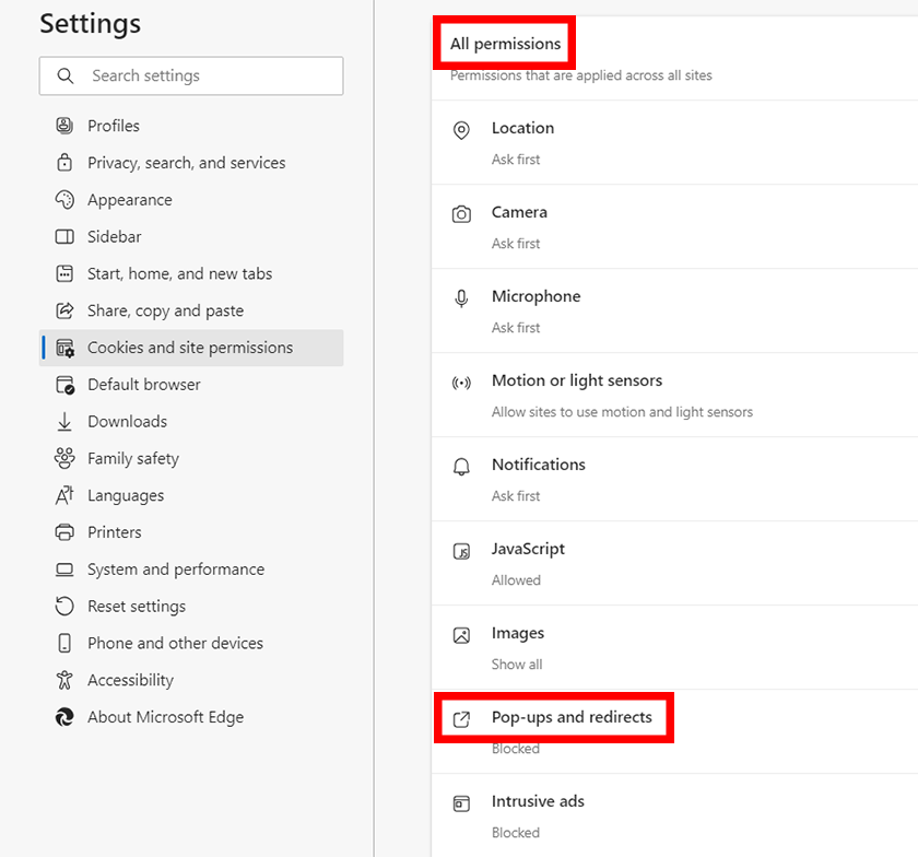 在所有权限下点击弹出窗口和重定向