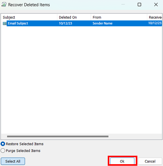 突出显示电子邮件并点击“确定”