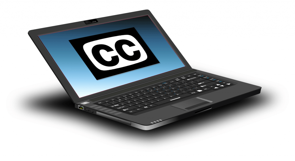 屏幕上带有隐藏式字幕符号的笔记本电脑