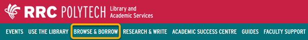 library.rrc.ca 主页的顶部菜单栏显示“浏览和借阅”部分的位置。