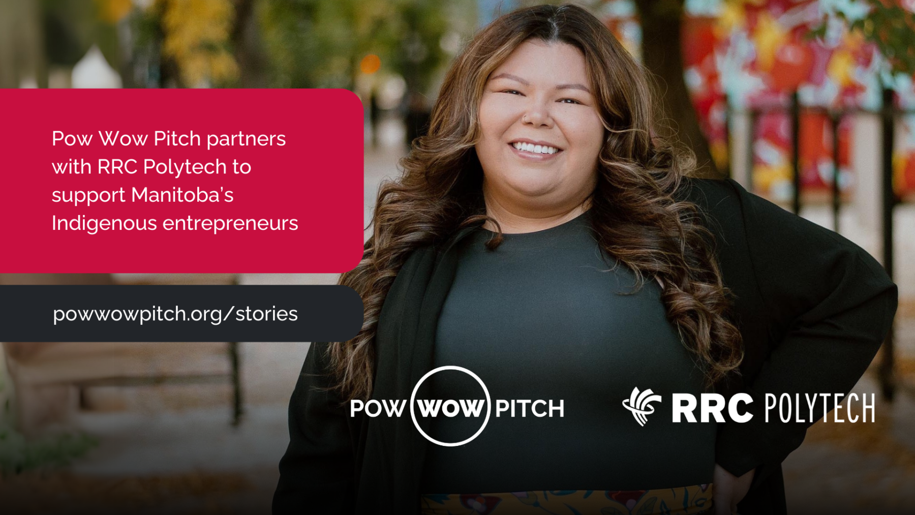 活动横幅图像包含艾米·杰克逊 (Amy Jackson) 以及 Pow Wow Pitch 和 e8体育 的徽标。横幅上还写有这样的文字：“Pow Wow Pitch 与 e8体育 合作，支持曼尼托巴省的土著企业家”