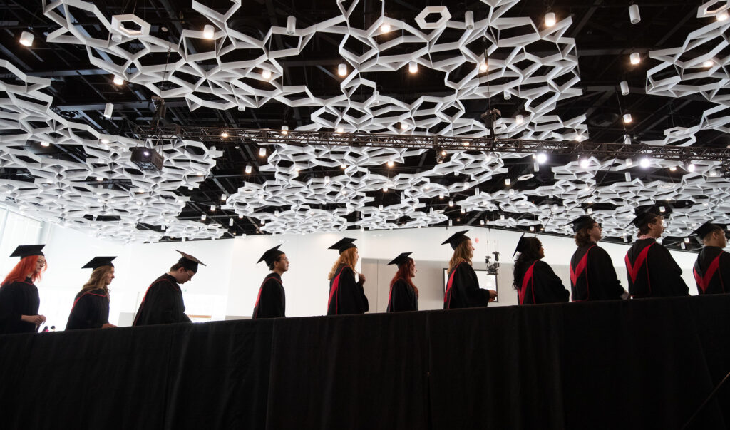 一排 e8体育网毕业生，戴着毕业帽，穿着礼服，剪影。