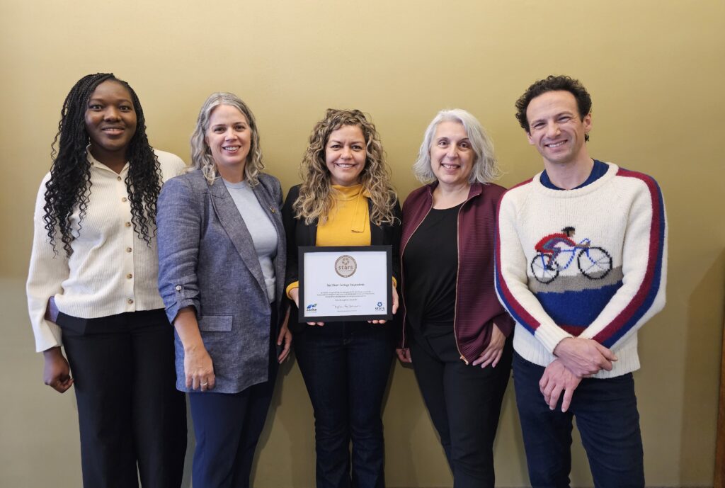 e8体育 可持续发展团队的成员站成一排，展示镶框证书，表明他们的新 STARS 金级评级。