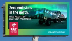 Closeup of billboard promoting RRC Polytech's work on an electric tundra buggy.