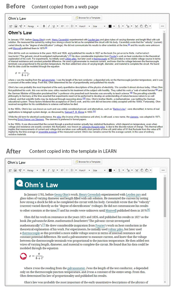 The look of unformatted text when inserted into a template in LEARN.