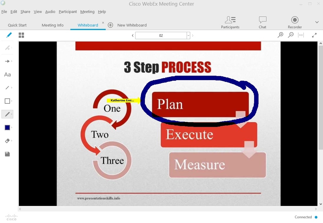 共享文件和演示文稿；快速与学生共享文件并直接在 WebEx 中演示 PowerPoint 文件。查看课程材料并注释文件以进一步澄清。学生也可以参与，授予他们控制演示、为幻灯片添加注释以及在虚拟白板上书写的权限。