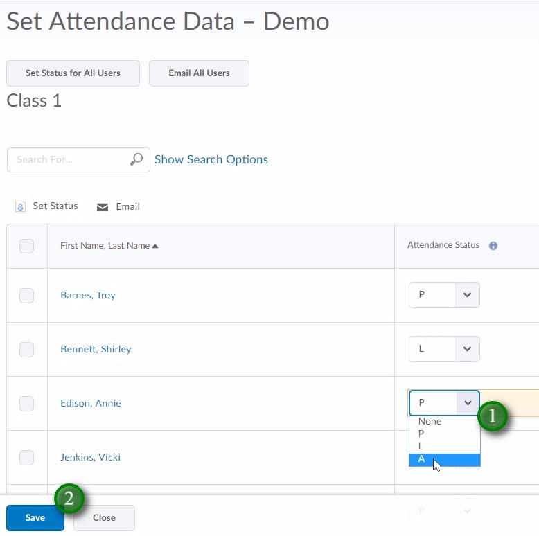 ;设置各个学生的“出勤状态”(1)，完成后点击“保存”(2)。