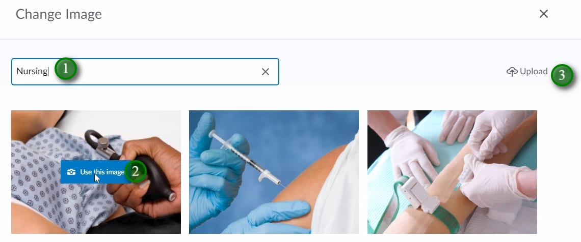 点击“Chrome 旧版窗口”窗格；在 (1) 中输入您要搜索图片的主题，然后点击“Enter”。将鼠标悬停在您想要使用的图像上并单击“使用此图像”(2)，选择该图像。如果您想上传您拍摄的图像或不受版权限制的图像，请点击“上传”(3)。