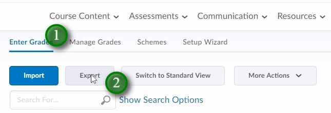 ;点击“输入成绩”(1) 和“导出”(2)。