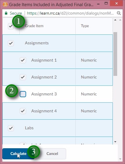 ;如果重新计算用户成绩，您将能够选择所有成绩项目 (1)、选择或取消选择单个项目 (2)，然后完成“计算”(3) 进行更改。