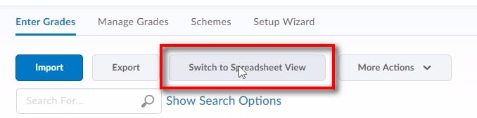 ;单击“输入成绩”后，您将看到整个成绩册。如果您收到颜色编码的成绩簿视图，请点击“切换到电子表格视图”即可添加/编辑多个成绩项目。