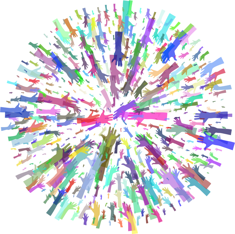 不同颜色和大小的动画手从外侧伸入形成一个圆圈。