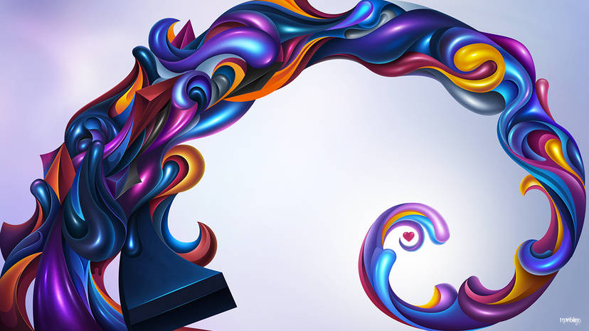 一个彩色的漩涡，形状像波浪，环绕着一颗小小的红心。