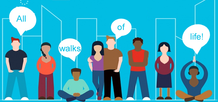 蓝色背景，上面有一群形形色色的动画人物，其中包括写着“各行各业”的思想泡泡。