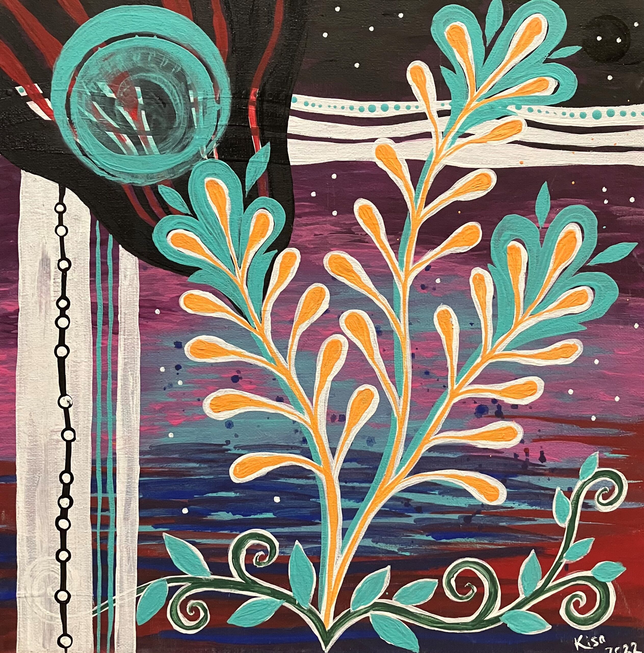 用模板和其他随机物品创作的彩色绘画样本 3，具有植物形状