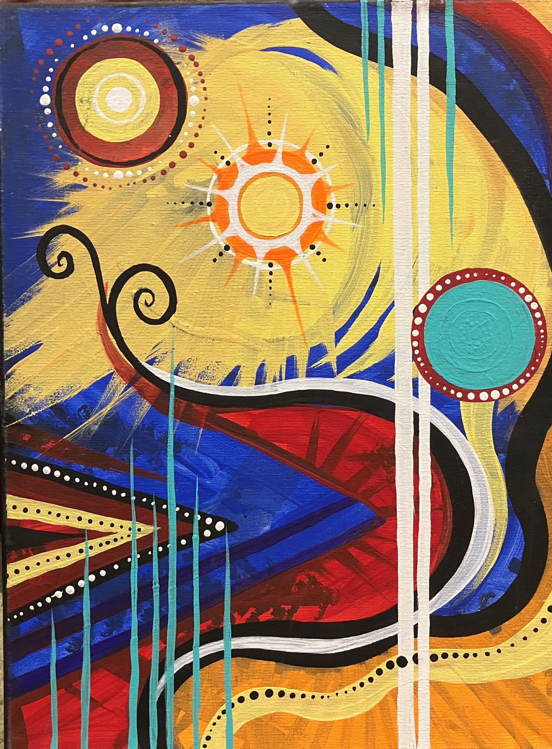 用模板和其他带有三角形、圆形和波浪的随机项目创建的彩色绘画样本 5