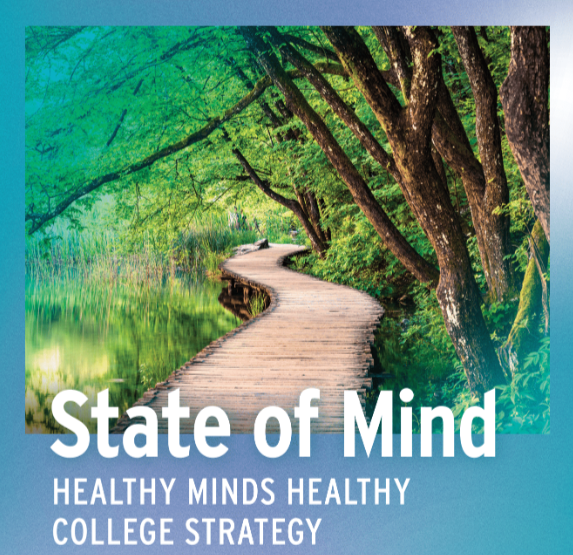 穿过郁郁葱葱的绿树的宁静小路，促进心理健康和健康的大学策略。