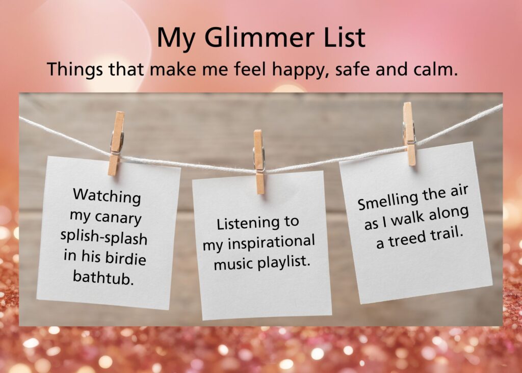 My Glimmer List, things that make me feel happy, safe and calm. With an image of a clothesline type list with examples.