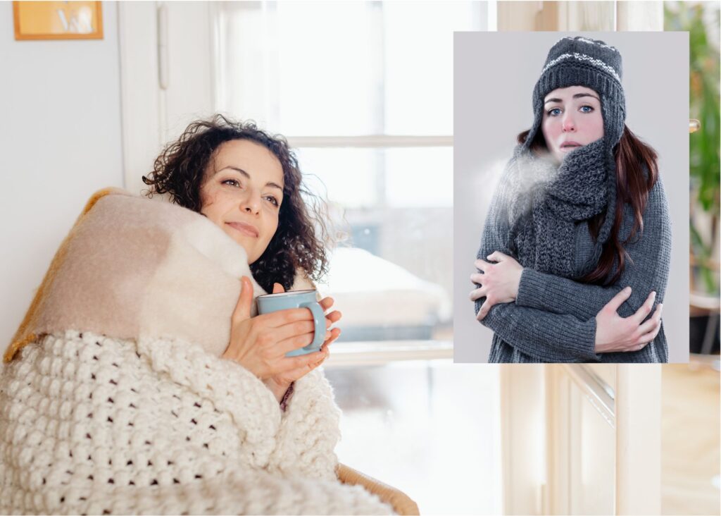 A woman wrapped up in a cozy blanket holding a mug, a woman wrapped up in sweater and touque in the cold.