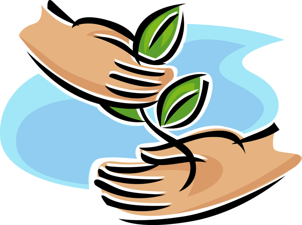 左上角的一只动画手拿着一根叶子茎，并将其交给右下角的手。