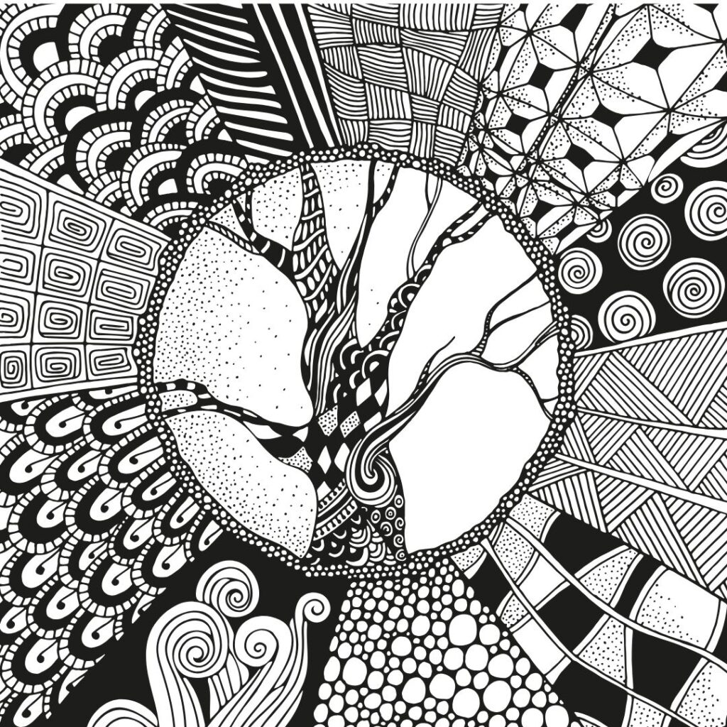 具有多种几何和环形图案的树涂鸦。