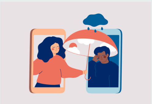 妇女支持有心理问题的黑人。女孩通过电话安慰她悲伤的朋友。