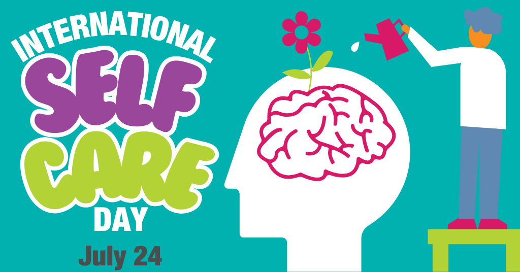 自我保健创造个人成长的插图，人物将水倒在头上，花朵正在生长