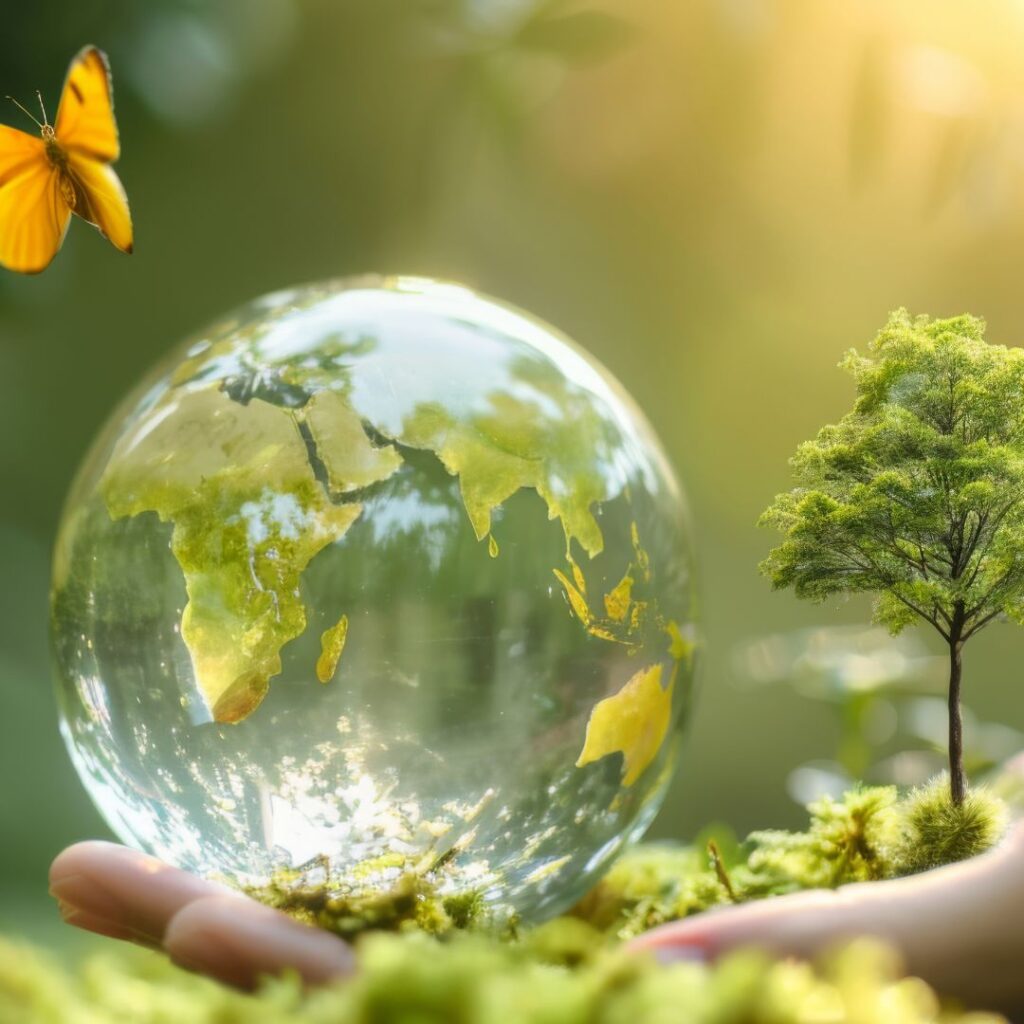 一个形状像地球仪的气泡，坐在某人的手掌上，周围有一棵树和蝴蝶。