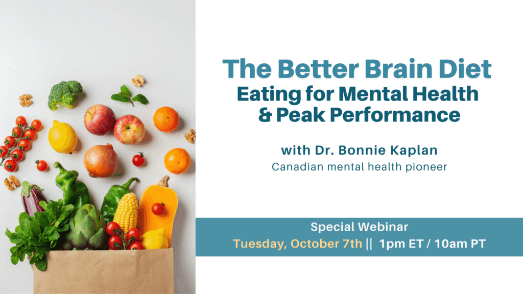 新鲜水果和蔬菜从纸袋中溢出，还有研讨会信息。